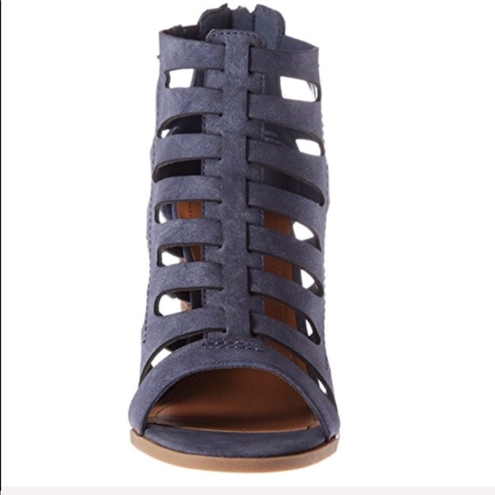 Denim Blue Peep Toe Woven Caged Block Heel Sandal - Picture 3 of 4